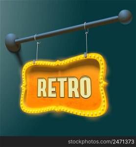 Bright retro signboard with gold metal rim and neon bulbs hanging on chains vector Illustration. Bright Retro Signboard