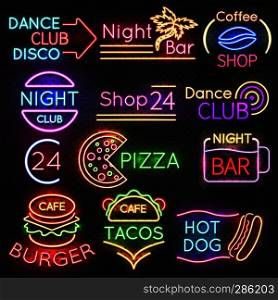 Bright roadside neon signs. Fast food and beer pub light vector icons. Hot dog and burger, tacos and pizza, vector illustration. Bright roadside neon signs. Fast food and beer pub light vector icons
