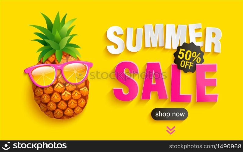 Bright Sale banner for summer 2020. Hipster pineapple in sunglasses invites to big discounts in hot season on yellow background, poster with sweet clearance.Template for design.Vector Illustration.. Hello summer 2020 bright greeting banner.