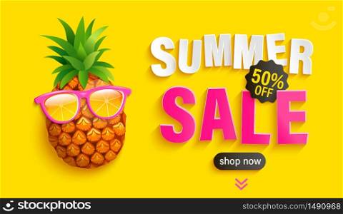 Bright Sale banner for summer 2020. Hipster pineapple in sunglasses invites to big discounts in hot season on yellow background, poster with sweet clearance.Template for design.Vector Illustration.. Hello summer 2020 bright greeting banner.