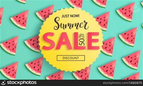 Bright Sale banner for summer 2020 with watermelons.Just now 50 percent discounts in hot season,sweet berries pattern.Poster,flyer with invitation to shopping.Template for design.Vector Illustration.. Sale banner for summer 2020 with watermelons.