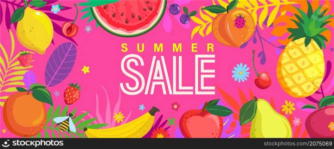 Bright Sale banner for summer 2022. Template offer to big discounts in hot season, poster with hand drawn fruits and berries on pink background. Design for banners, cards, flyers. Vector Illustration.. Bright Sale banner for summer 2022.