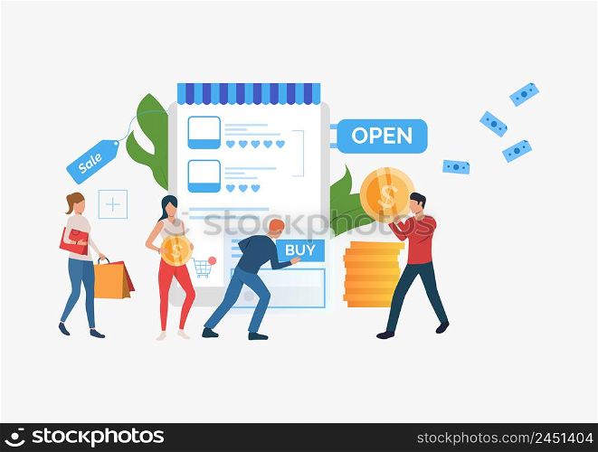 Bright sale presentation slide template. People standing in front of supermarket. Vector illustration can be used for topics like sale, shopping, promotion. Bright sale presentation slide template