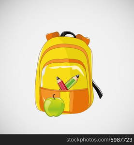 Bright school backpack with pencils and an apple.. Bright school backpack with pencils and an apple