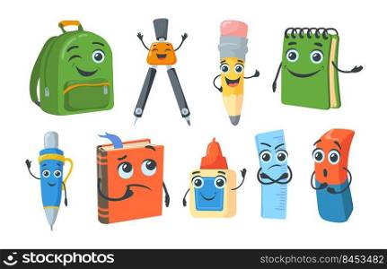 Bright school stationery characters flat pictures collection. Cartoon happy pencil, book, spiral notebook, ballpoint, schoolbag, ruler, eraser isolated vector illustrations. Study and mascots concept