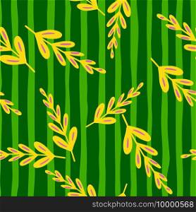Bright seamless botanic pattern with random yellow branches ornament. Green striped background. Perfect for fabric design, textile print, wrapping, cover. Vector illustration.. Bright seamless botanic pattern with random yellow branches ornament. Green striped background.