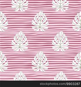 Bright seamless doodle pattern with monstera silhouettes design. White tropical foliage elements on pink striped background. Perfect for fabric design, textile print, wrapping. Vector illustration.. Bright seamless doodle pattern with monstera silhouettes design. White tropical foliage elements on pink striped background.