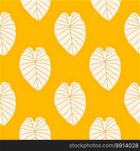 Bright seamless doodle pattern with white leaves contoured silhouettes. Yellow background. Designed for wallpaper, textile, wrapping paper, fabric print. Vector illustration.. Bright seamless doodle pattern with white leaves contoured silhouettes. Yellow background.