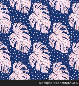 Bright seamless exotic pattern with pink monstera silhouettes. Navy blue dotted background. Great for fabric design, textile print, wrapping, cover. Vector illustration.. Bright seamless exotic pattern with pink monstera silhouettes. Navy blue dotted background.