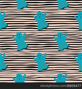Bright seamless halloween patten with ghosts silhouettes. Blue spooky print on stripped background. Designed for wallpaper, textile, wrapping paper, fabric print. Vector illustration.. Bright seamless halloween patten with ghosts silhouettes. Blue spooky print on stripped background.
