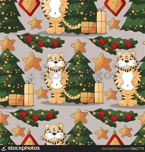Bright Seamless pattern for year of the tiger 2022. Tiger, Christmas tree, gifts, Christmas tree decorations. Can be used for fabric, packaging, paper and etc. Faces of tigers. Symbol of 2022. Tigers in hand draw style. New Year 2022