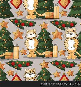 Bright Seamless pattern for year of the tiger 2022. Tiger, Christmas tree, gifts, Christmas tree decorations. Can be used for fabric, packaging, paper and etc. Faces of tigers. Symbol of 2022. Tigers in hand draw style. New Year 2022