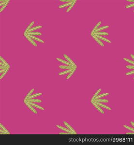 Bright seamless pattern in minimalistic style with green foliage silhouettes. Pink background. Decorative backdrop for fabric design, textile print, wrapping, cover. Vector illustration. Bright seamless pattern in minimalistic style with green foliage silhouettes. Pink background.