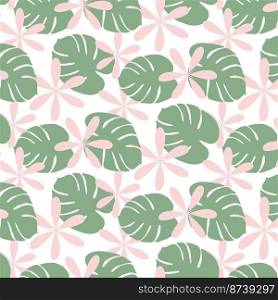 Bright seamless pattern in trendy pale shades with hand drawn elements such as monstera leaves and flower. Trendy print design. Template for poster, postcard, greeting card, price tag, banner. Isolate