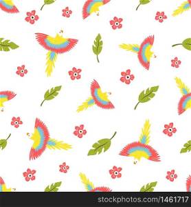 Bright seamless pattern with beautiful parrots. Vector design for wallpaper, gift boxes, textile, different decorations. Bright seamless pattern with beautiful parrots and leaves