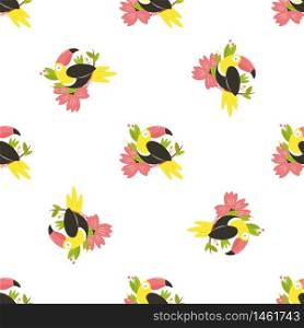 Bright seamless pattern with beautiful toucan. Vector design for wallpaper, gift boxes, textile, different decorations. Bright vector seamless pattern with beautiful toucans