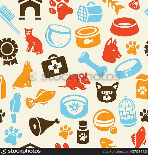 bright seamless pattern with funny cat and dog icons - vector illustration