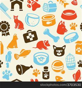 bright seamless pattern with funny cat and dog icons - vector illustration