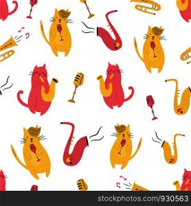 Bright seamless pattern with funny cats playing different musical instruments.. Bright seamless pattern with funny cats musicians