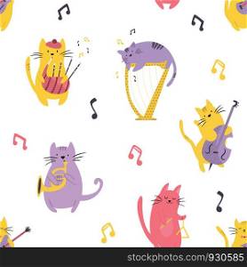 Bright seamless pattern with funny cats playing different musical instruments.