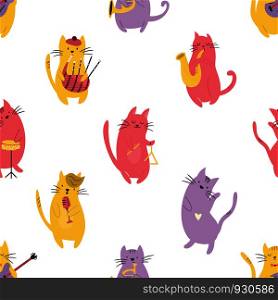 Bright seamless pattern with funny cats playing different musical instruments.. Bright seamless pattern with funny cats musicians