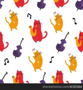 Bright seamless pattern with funny cats playing different musical instruments and dancing.. Bright seamless pattern with funny cats