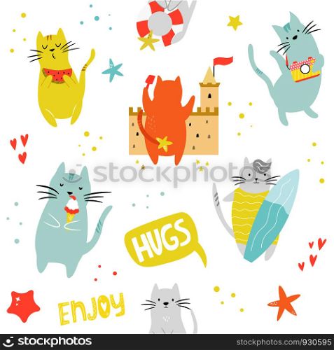 Bright seamless pattern with funny cats. Web, wrapping paper, textile, gift box, background. Bright seamless pattern with funny cats on the beach.