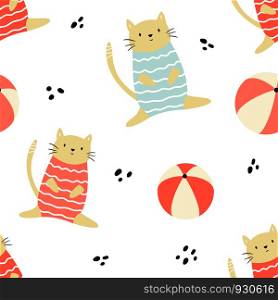 Bright seamless pattern with funny summer cats. Web, wrapping paper, textile, gift box, background. Bright seamless pattern with funny summer cats