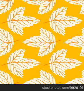 Bright seamless pattern with hand drawn light maple leaf ornament. Yellow background. Perfect for fabric design, textile print, wrapping, cover. Vector illustration.. Bright seamless pattern with hand drawn light tree leaf ornament. Yellow background.