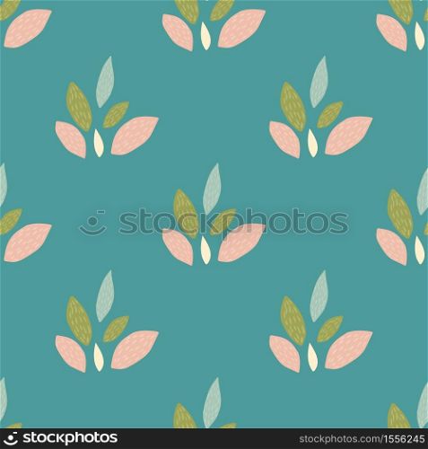 Bright seamless pattern with leaves ornament in pink, green and blue colors. Turquoise background. Designed for textile, fabric, wrapping paper, wallpaper. Vector illustration.. Bright seamless pattern with leaves ornament in pink, green and blue colors. Turquoise background.