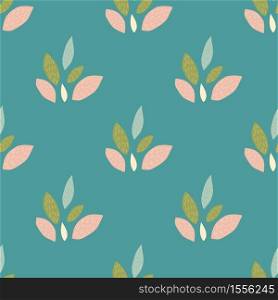 Bright seamless pattern with leaves ornament in pink, green and blue colors. Turquoise background. Designed for textile, fabric, wrapping paper, wallpaper. Vector illustration.. Bright seamless pattern with leaves ornament in pink, green and blue colors. Turquoise background.