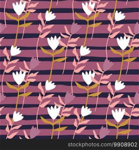 Bright seamless spring pattern with white tulip flowers. Orange and pink stems. Lilac and purple stripped background. Great for wallpaper, textile, wrapping paper, fabric print. Vector illustration.. Bright seamless spring pattern with white tulip flowers. Orange and pink stems. Lilac and purple stripped background.
