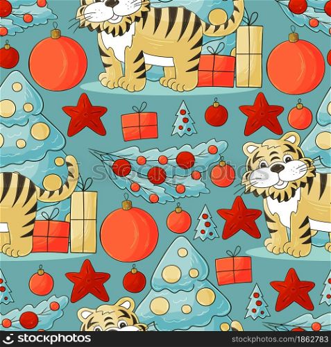 Bright Seamless vector pattern for year of the tiger 2022. Tiger, Christmas tree, gifts, Christmas tree decorations. Can be used for fabric, packaging and etc. Faces of tigers. Symbol of 2022. Tigers in hand draw style. New Year 2022