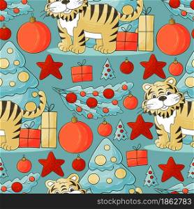 Bright Seamless vector pattern for year of the tiger 2022. Tiger, Christmas tree, gifts, Christmas tree decorations. Can be used for fabric, packaging and etc. Faces of tigers. Symbol of 2022. Tigers in hand draw style. New Year 2022