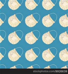 Bright seamless wizard pattern with magic cauldron ornament in light yellow color. Blue background. Decorative print for fabric design, textile print, wrapping, cover. Vector illustration. Bright seamless wizard pattern with magic cauldron ornament in light yellow color. Blue background.