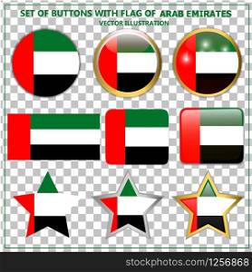 Bright set buttons with flag of Arab Emirates. Illustration with flag for web design. Vector illustration with transparent background.. Set with buttons with flag of Arab Emirates. Vector.