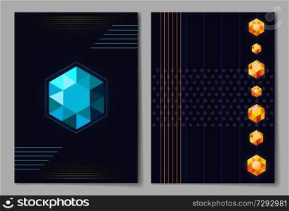 Bright shiny six-pointed crystals of blue and yellow colors vector illustrations on futuristic posters with dark background and geometric patterns.. Six-Pointed Crystals of Blue and Yellow Colors