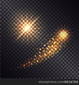 Bright shooting multi-pointed star with shiny trace made of small balls of light isolated vector illustration on white background.. Bright Shooting Star with Shiny Trace Illustration
