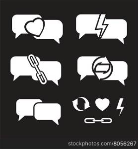 bright speech bubbles on dark background with heart, chains, lightning and circled arrows as communication abstract vector illustration set