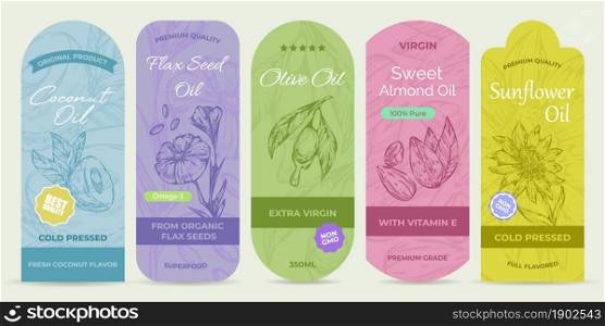 Bright stickers for natural organic oils, vector illustration. Inscription original product, superfood, premium quality, best quality, vitamin e, cold pressed, fresh coconut flavor. Bright stickers for natural organic oils, set