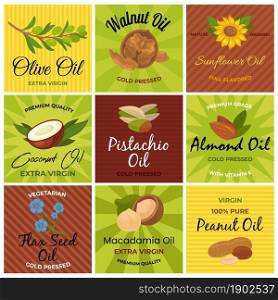 Bright stickers for the sale of organic oil, vector illustration. Olive branch, cold-pressed walnut. Baner natural sunflower oil. Premium quality coconut oil. Peanut vitamin e. Almond and linseed oil. Bright stickers for the sale of organic oils, set