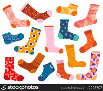 Bright stylish socks. Trendy designs clothing elements. Stockings with fancy abstract patterns. Isolated colorful cotton products. Fashion casual wear. Legs underwear. Vector warm foot clothes set. Bright stylish socks. Trendy designs clothing elements. Stockings with fancy abstract patterns. Colorful cotton products. Fashion casual wear. Legs underwear. Vector foot clothes set