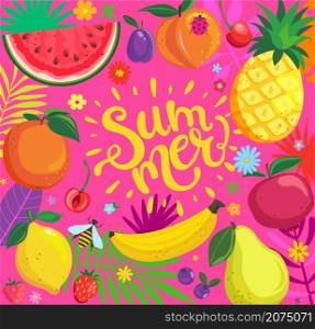 Bright summer banner for 2022.Sweet hand drawn treat,tasty fruits and berries-lemon,pomegranate,plum,peach and cherry,orange,blueberry,apple,pear, pineapple,strawberry,banana on pink background.Vector. Bright summer banner for 2022.