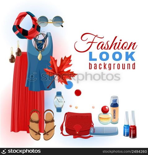 Bright summer fashion look with clothes accessories sandals and cosmetics background flat vector illustration. Fashion Look Background