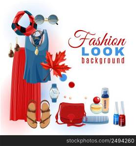 Bright summer fashion look with clothes accessories sandals and cosmetics background flat vector illustration. Fashion Look Background