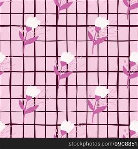 Bright summer folk flower seamless pattern. Light pink chequered background with white buds silhouettes. Perfect for wallpaper, textile, wrapping paper, fabric print. Vector illustration.. Bright summer folk flower seamless pattern. Light pink chequered background with white buds silhouettes.