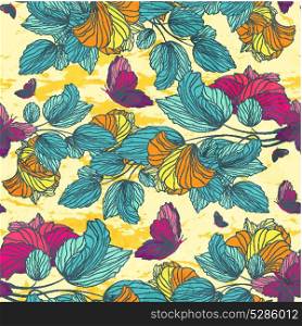 Bright Summer Seamless Floral Pattern With Flowering Branches And Butterflies