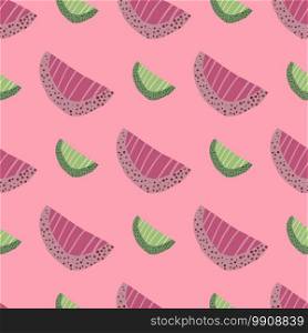 Bright summer seamless pattern with purple tone and green slices. Fruit abstract shapes on pink background. Designed for wallpaper, textile, wrapping paper, fabric print. Vector illustration.. Bright summer seamless pattern with purple tone and green slices. Fruit abstract shapes on pink background.