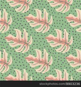Bright summer seamless tropical pattern with pink colored hand drawn monstera leaf. Green dotted background. Decorative backdrop for fabric design, textile print, wrapping, cover. Vector illustration. Bright summer seamless tropical pattern with pink colored hand drawn monstera leaf. Green dotted background.