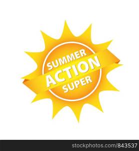 Bright sun button (tag) with summer supper action on white, stock vector illustration